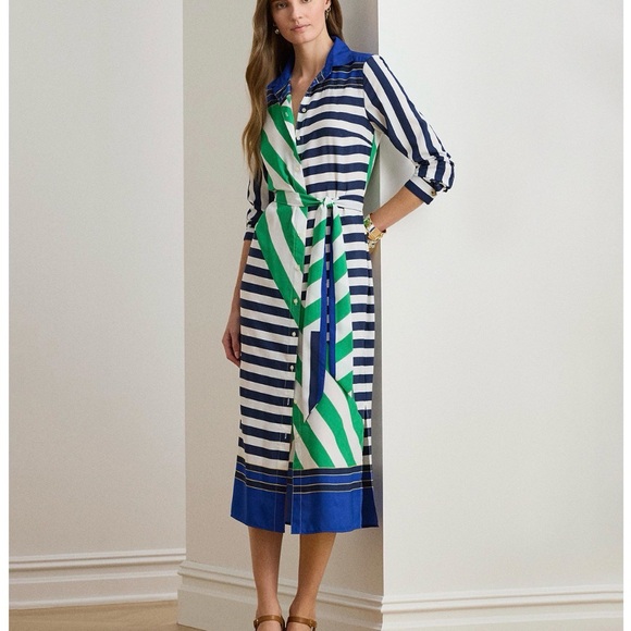 Lauren Ralph Lauren Long Sleeve Dress in Blue and Green Stripes - Picture 5 of 8